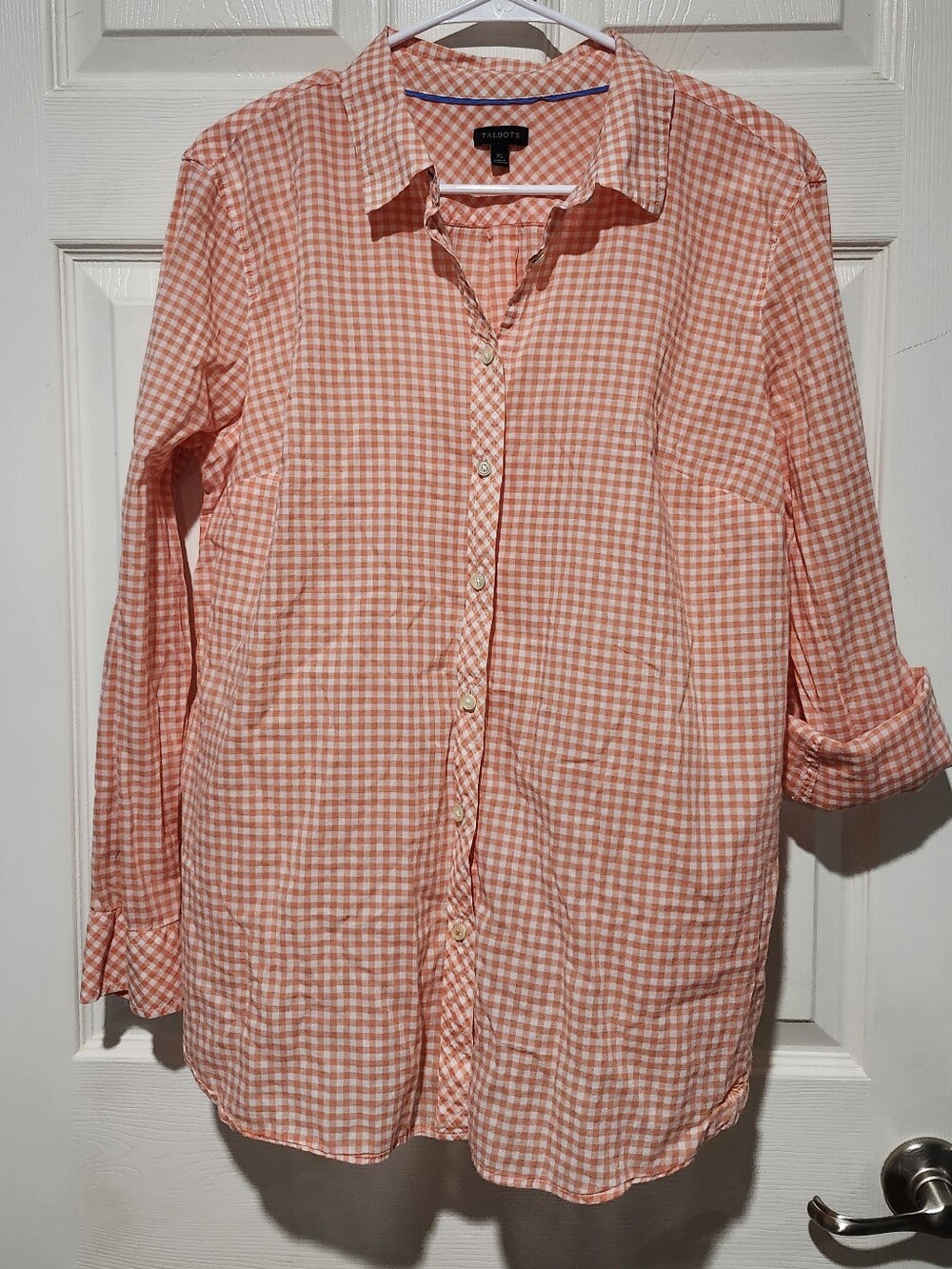 Talbots Women's Coral & White Gingham Button-Down Shirt Size XL